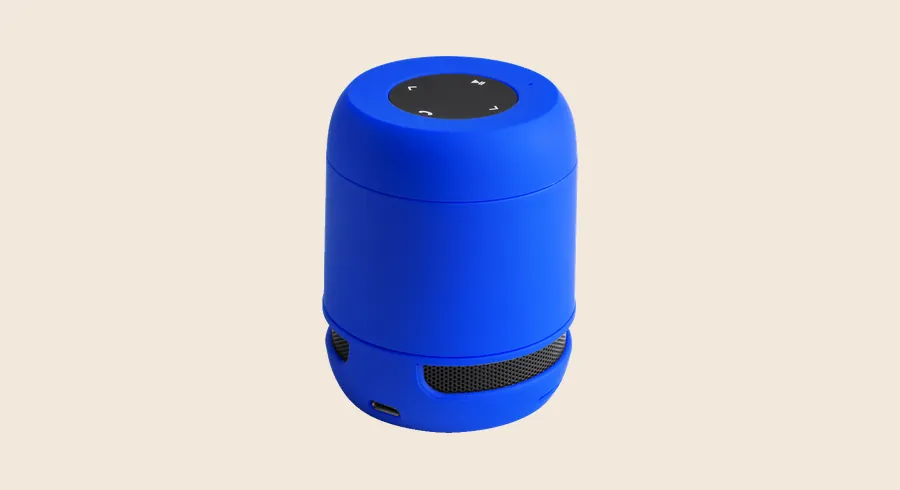 Altavoces personalizados: altavoz bluetooth portátil azul cilíndrico