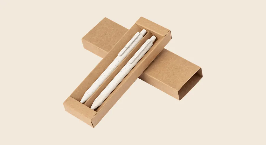 Bolígrafos ecológicos personalizados para empresas: set de bolígrafos de caña de trigo en estuche