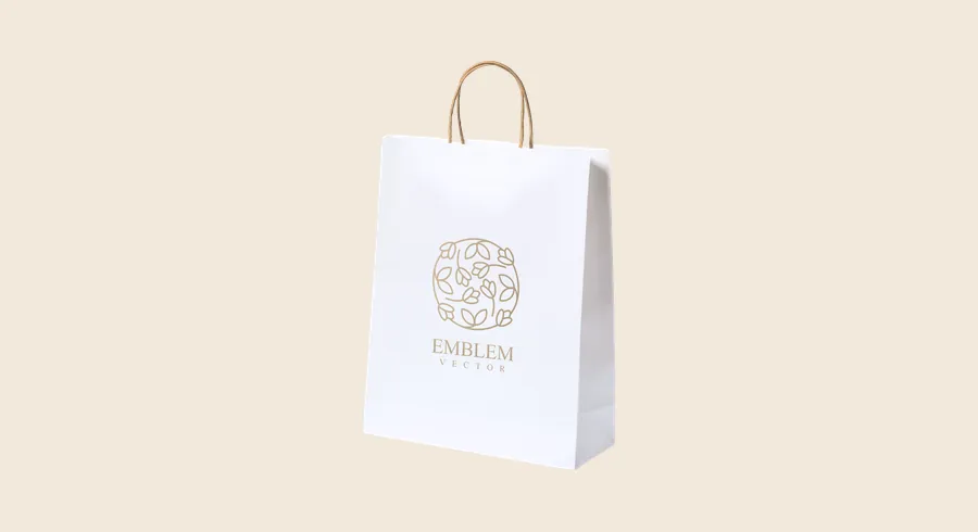 Bolsas promocionales para farmacia: bolsa de papel blanca con asas cortas y logo impreso