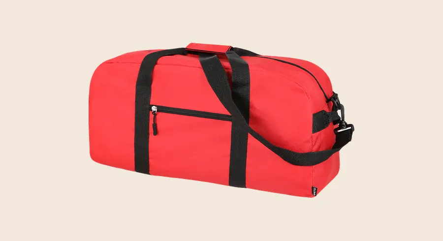 Bolsas de viaje personalizadas: bolso de viaje rojo de poliéster reciclado con asas negras y bandolera
