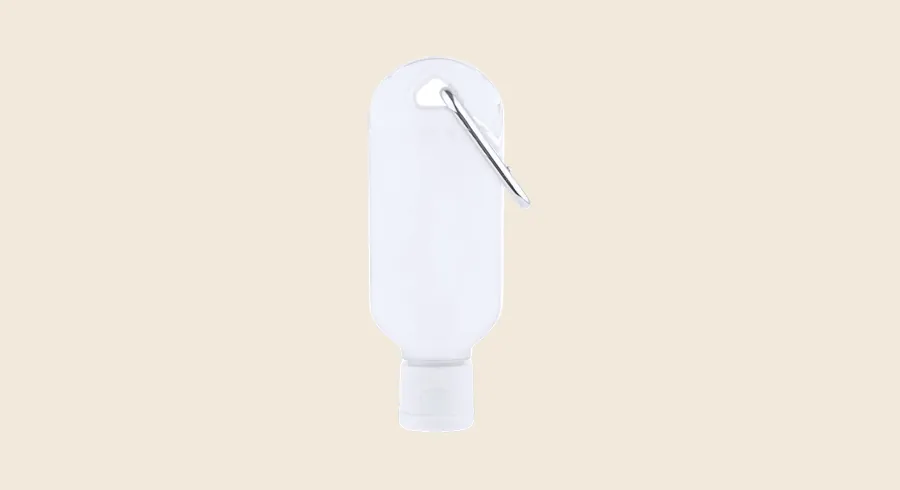 Gel hidroalcohólico personalizado para farmacias: frasco de gel con dosificador y mosquetón