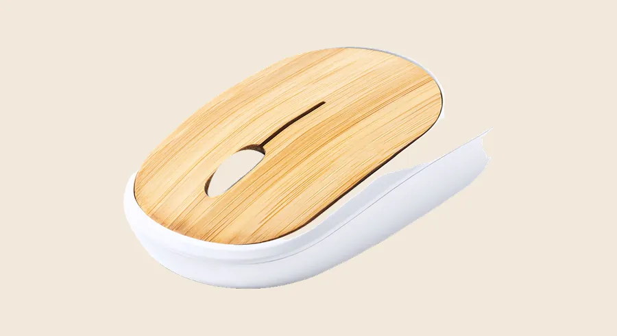 Kit de teletrabajo para empleados: ratón inalámbrico blanco con superficie de bambú