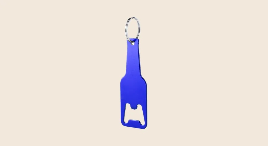 Llaveros abrebotellas personalizados: llavero abrebotellas de aluminio azul con forma de botella