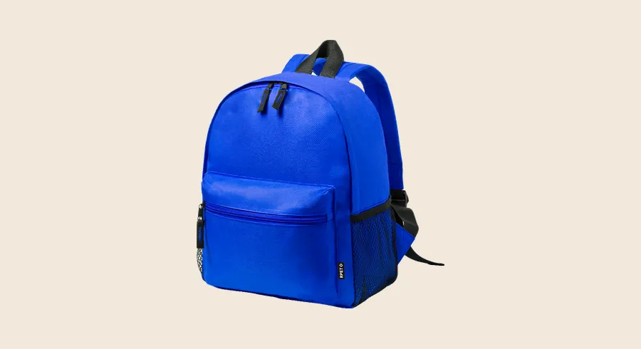 Merchandising para colegios: mochila infantil azul de RPET con bolsillo frontal