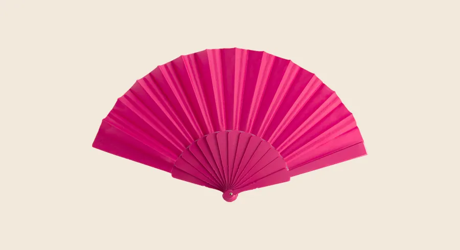 Merchandising para festivales: abanico de tela fucsia con varillas a juego