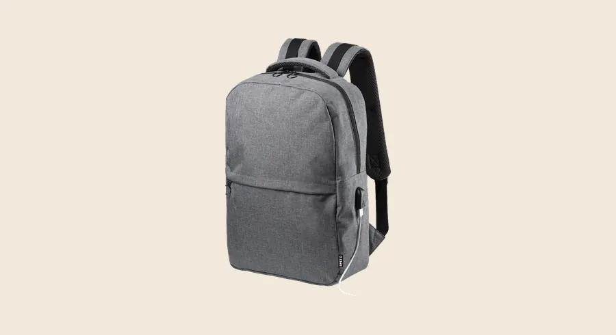 Merchandising para startups: mochila gris de RPET para portátil con salida USB