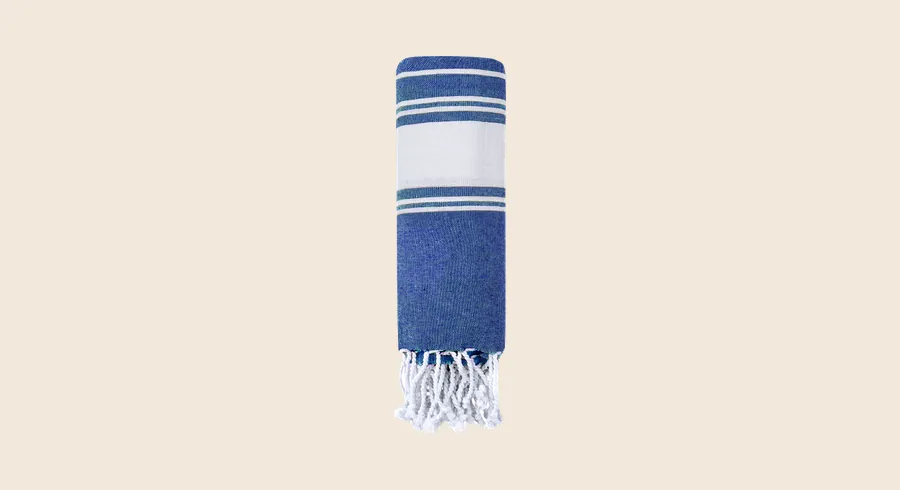 Pareos personalizados: pareo toalla azul marino con rayas blancas