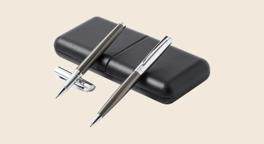 Regalos ejecutivos para clientes y directivos: set de bolígrafo y roller metálicos con estuche