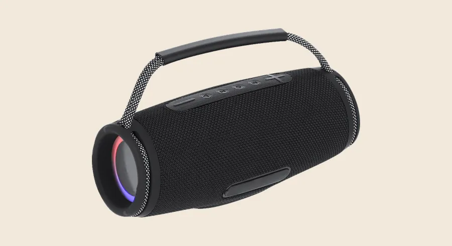 Regalos tecnológicos para clientes: altavoz bluetooth negro con asa de tejido
