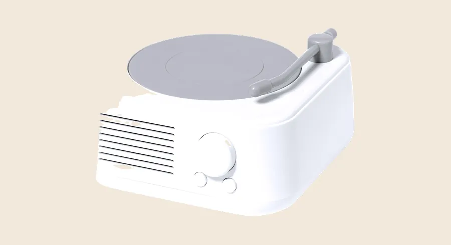 Regalos tecnológicos originales para empresas: altavoz Bluetooth blanco con forma de tocadiscos