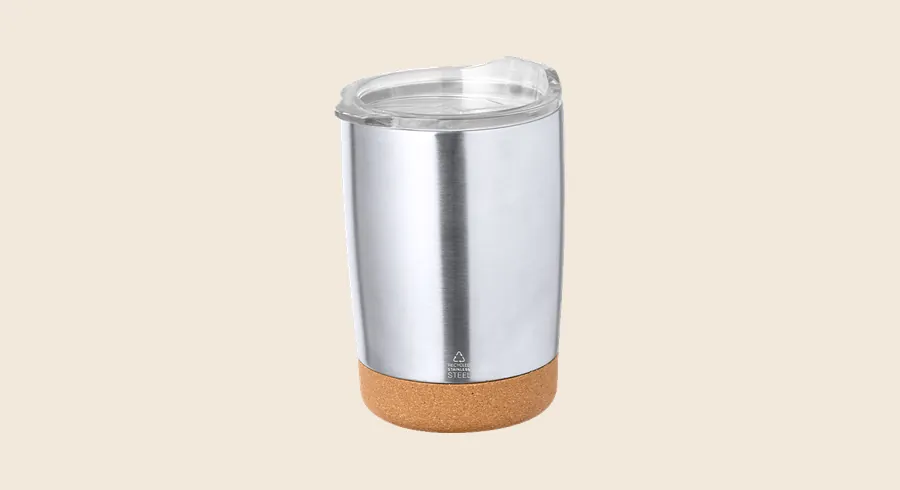 Tazas ecológicas personalizadas para empresas: vaso térmico de acero reciclado con base de corcho