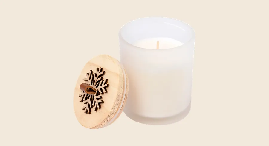 Velas de Navidad personalizadas: vela aromática en cristal con tapa de madera y copo de nieve